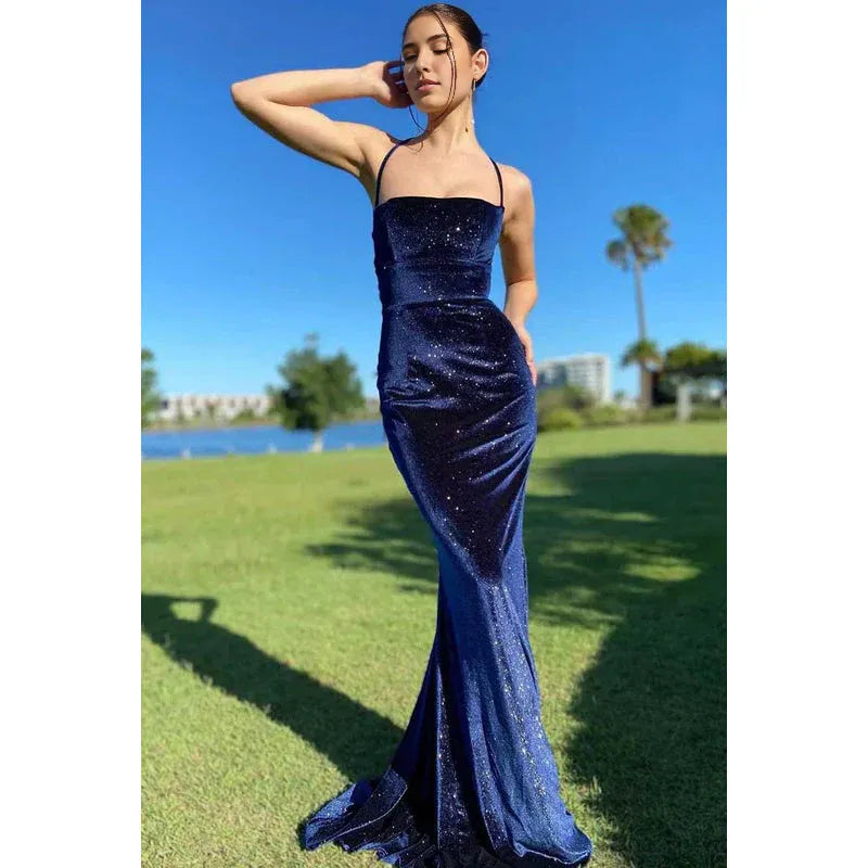 Vestido Weitese con tirantes finos de terciopelo brillante, vestido largo de fiesta para graduación